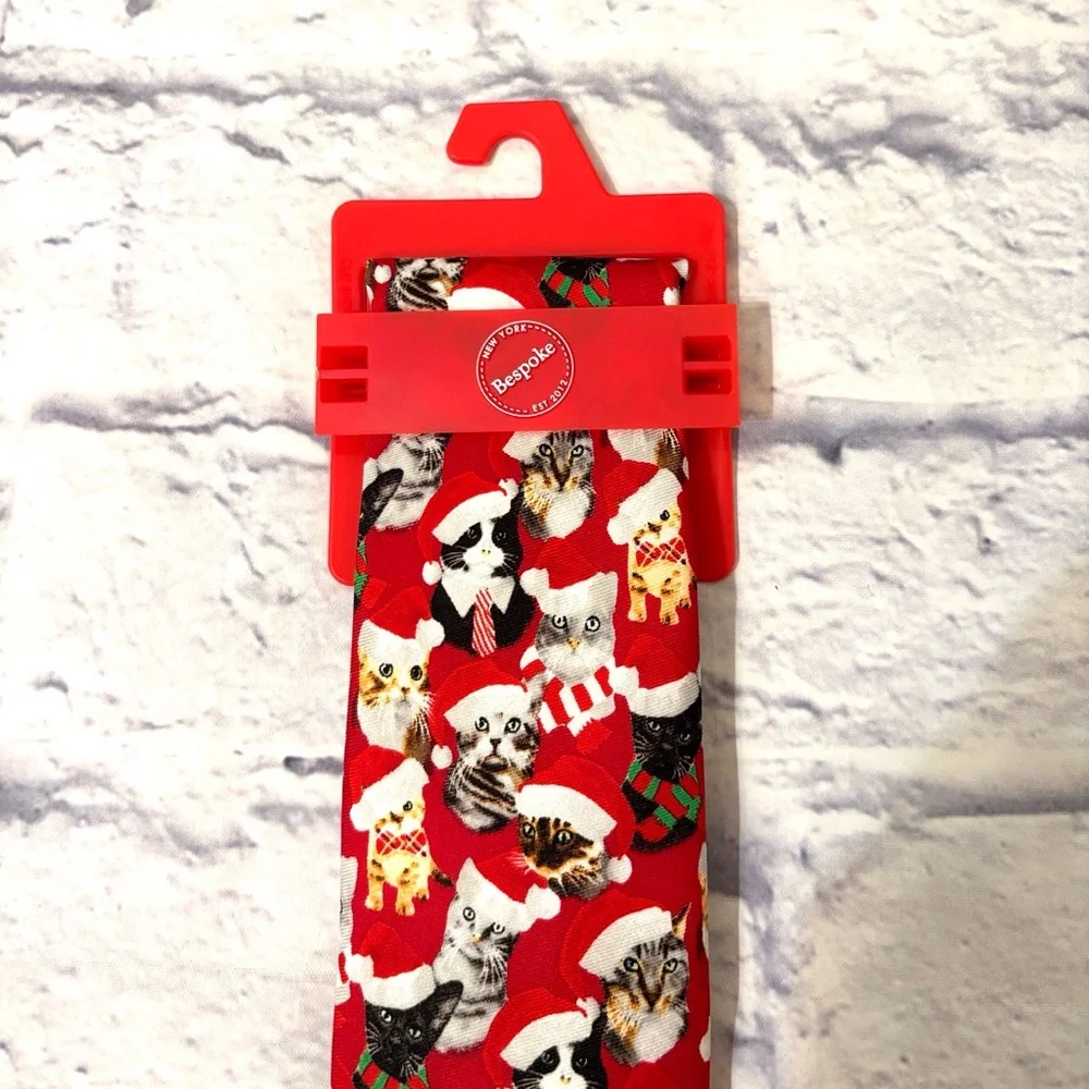 Bespoke Christmas Cats Holiday Tie Red Tie with Kitties Wearing Santa Hats NWT